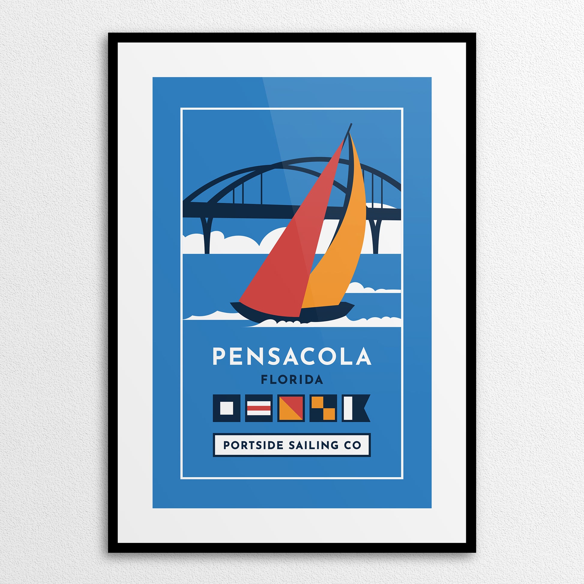 Artistic poster of Pensacola Bay Bridge, with a sailboat passing beneath, capturing the essence of coastal life and maritime adventure. 